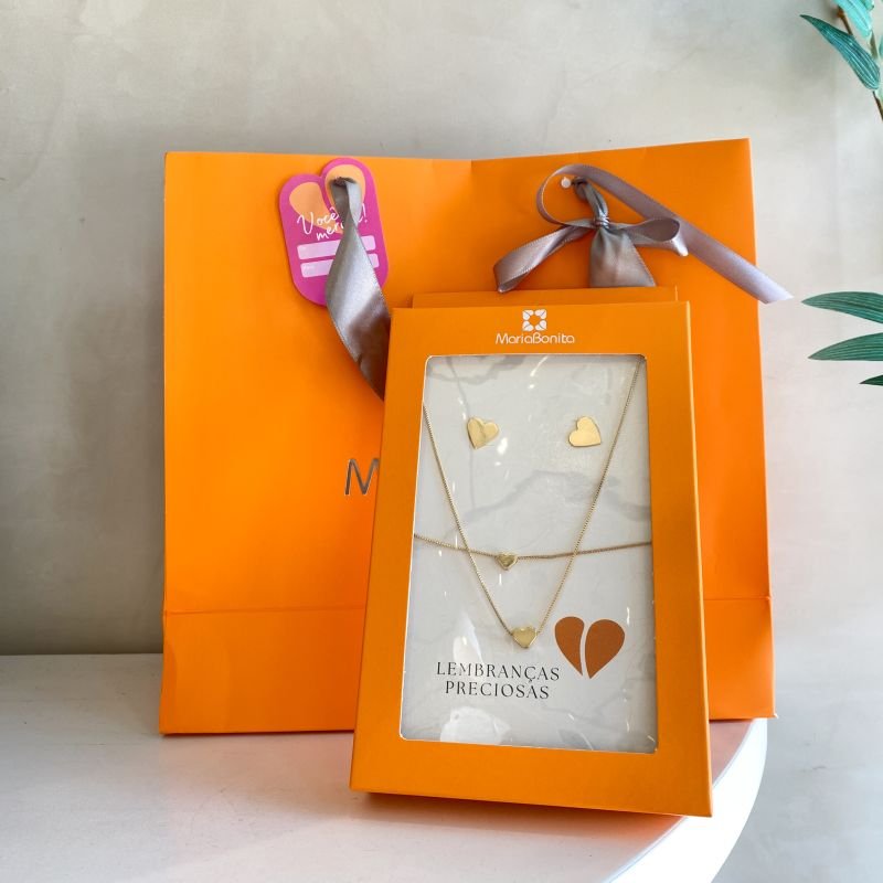 Mix Completo Colar, Brinco e Pulseira Semijoia Coração Liso