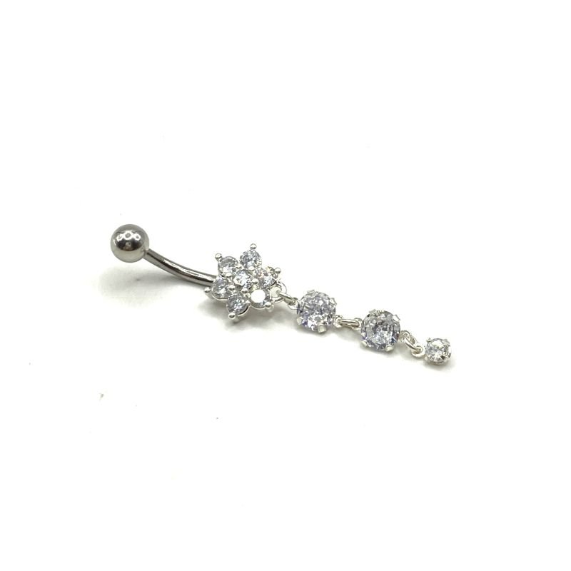 Piercing Aço Cirúrgico e Prata925 Flor Cravejada com 3 Pedras para Umbigo