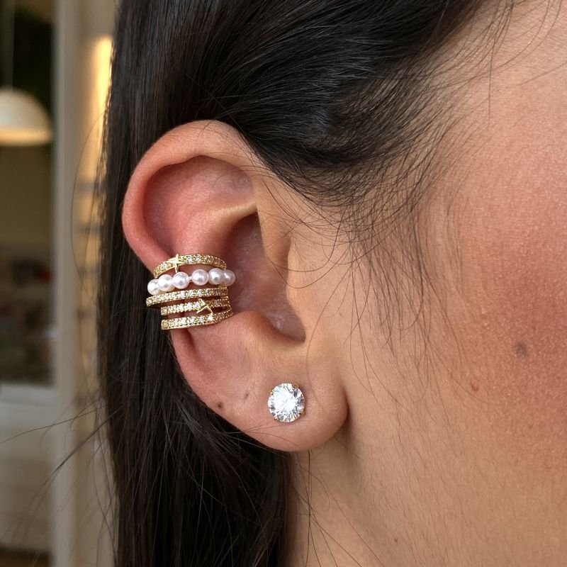 Piercing Bijuteria Fake com 5 Aros Cravejados com 1 Fileira Pérolas