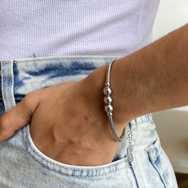 Pulseira Aço Inox Rabo de Rato com 3 Bolas Lisas