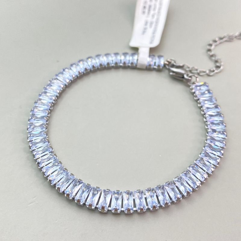 Pulseira Aço Inox Riviera Pedra Baguetes Zircônia