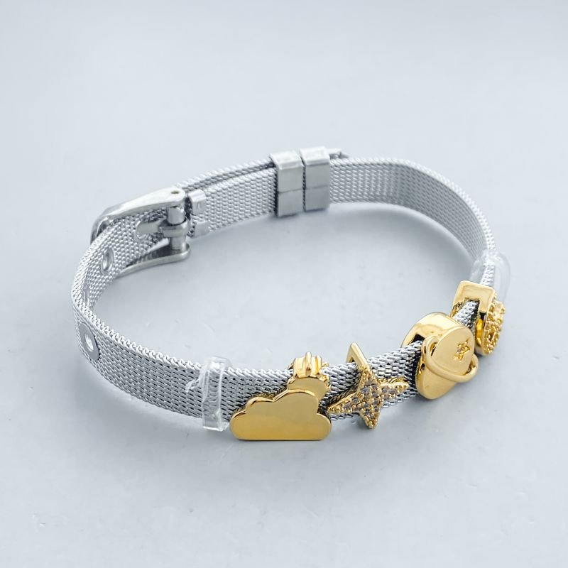 Pulseira Banho Diamante Charm Com Berloques Nuvem Estrela Planeta Lua