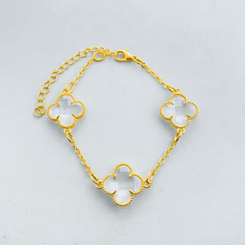 Pulseira Banho Diamante com 3 Trevos Acrílicos Borda Bolinhas