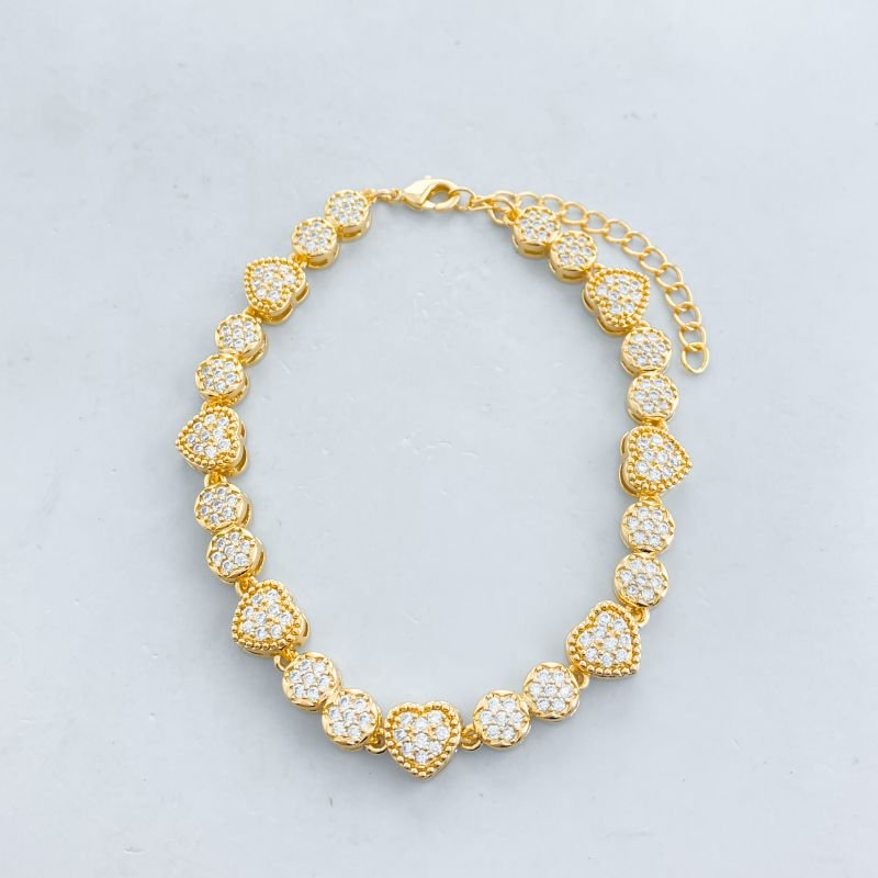 Pulseira Banho Diamante Cravejada Corações e Bolas