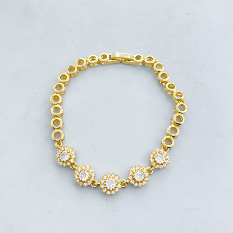 Pulseira Banho Diamante Delicado Cravejado com 5 Flores e Redondos Vazados