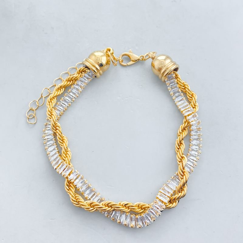 Pulseira Banho Diamante Dupla Cravejada Cordão Baiano e Pedras Navetes