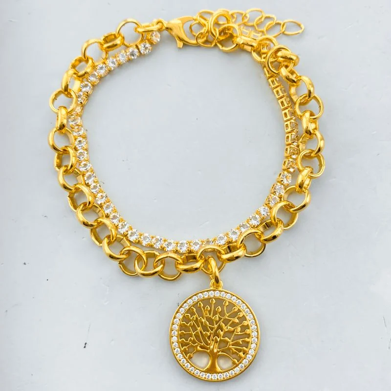 Pulseira Banho Diamante Elo Portugues Com Medalha Árvore da Vida e Riviera