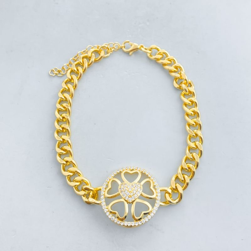 Pulseira Banho Diamante Elos Grumet Redondo Cravejado Corações Vazados 1 Cravejado