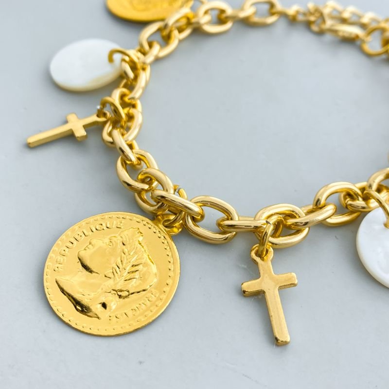 Pulseira Banho Diamante Elos Medalha Moeda e Acrílica Cruz Lisa Boho Chic