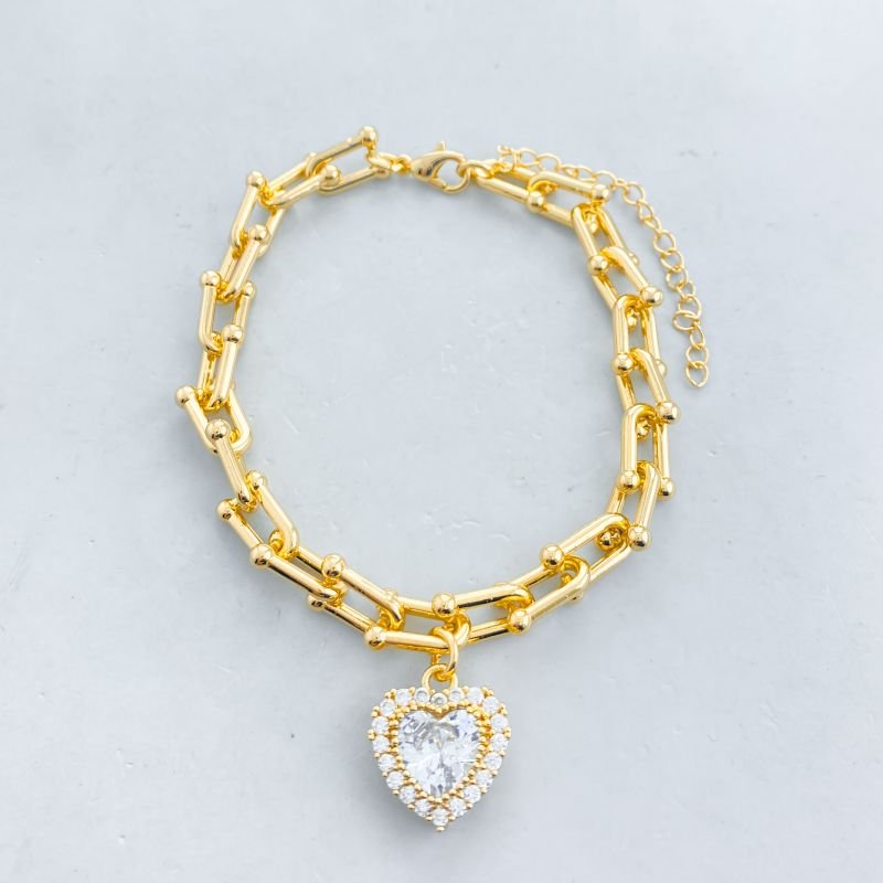 Pulseira Banho Diamante Elos Semelhantes U com Pedra Coração Borda Cravejada