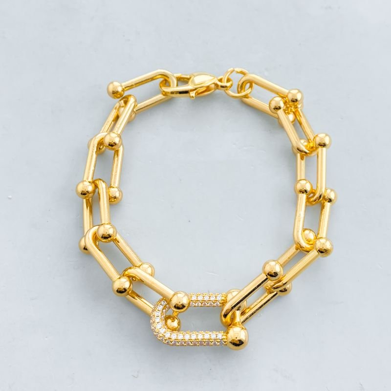 Pulseira Banho Diamante Elos U com Bolinhas com 1 Cravejado