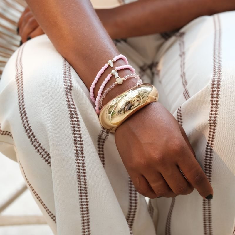 Pulseira Banho Diamante Kit 5 Miçangas Com Pérolas Organicas