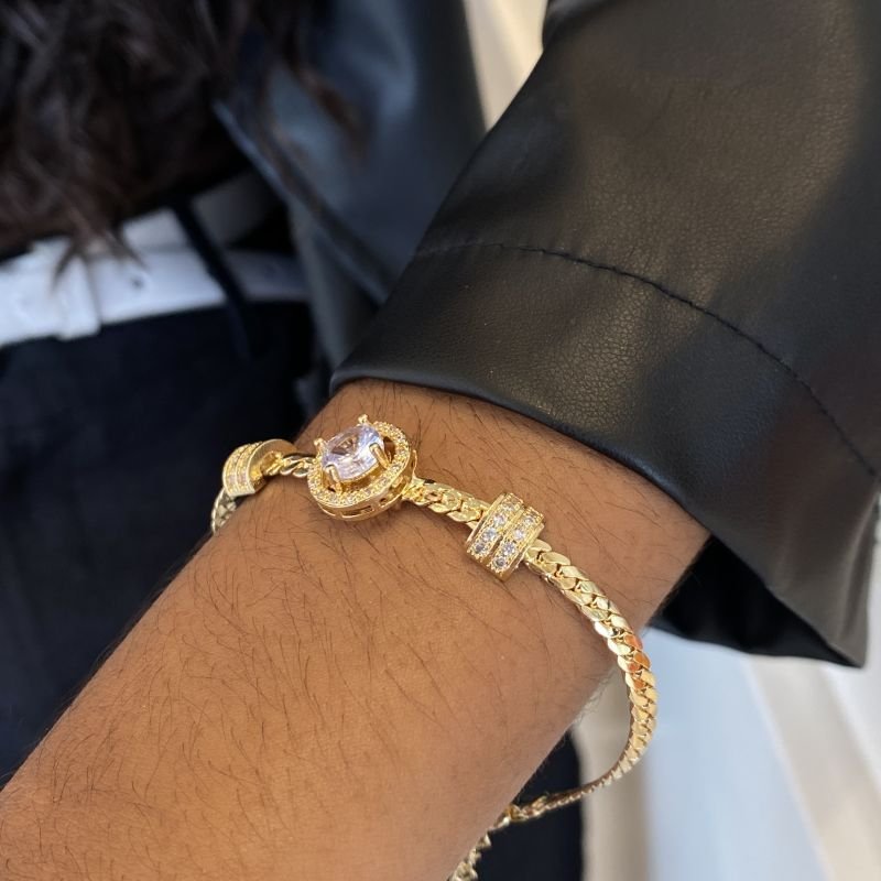 Pulseira Banho Diamante Malha Semelhante Corrente Pedra Borda Cravejada