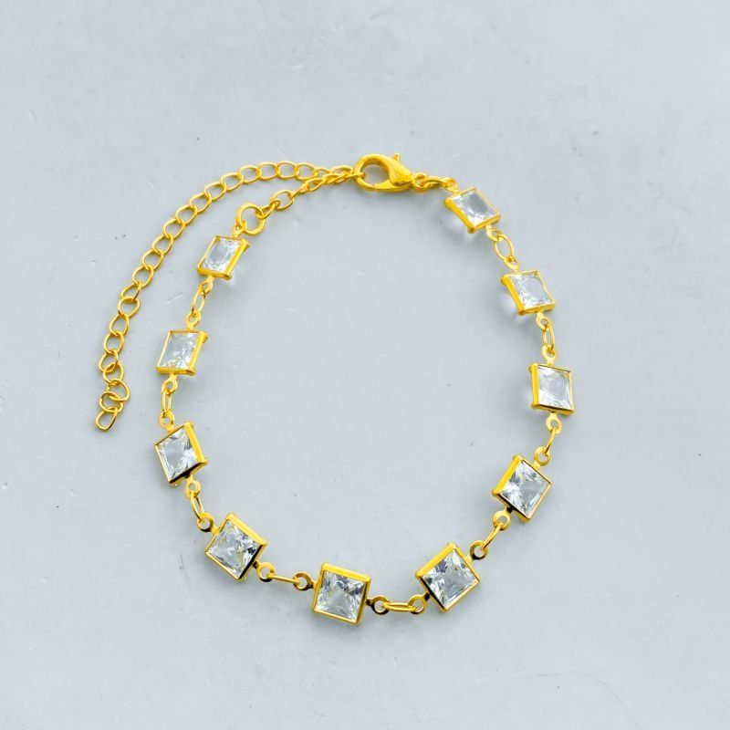 Pulseira Banho Diamante Pedras Losangos Borda Lisa