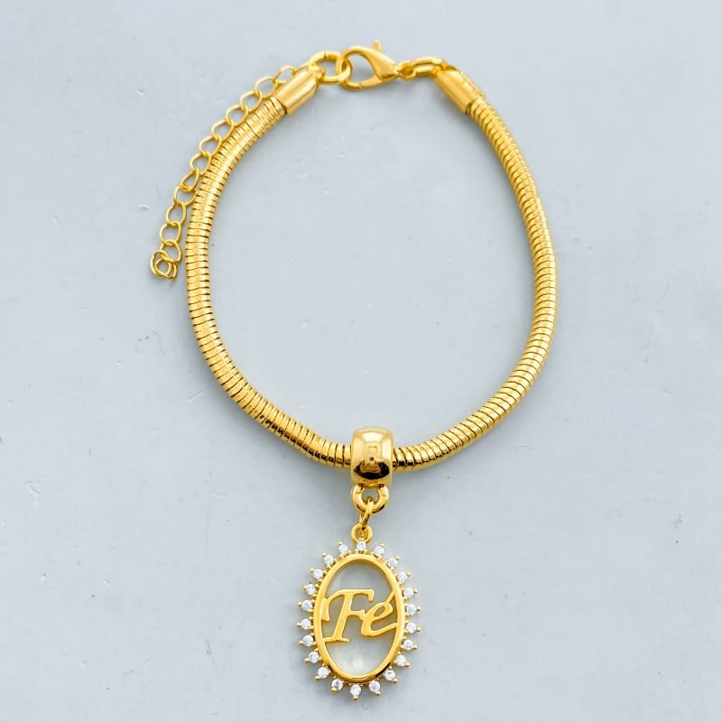 Pulseira Banho Diamante Rabo de Rato Fé Oval Borda Cravejada