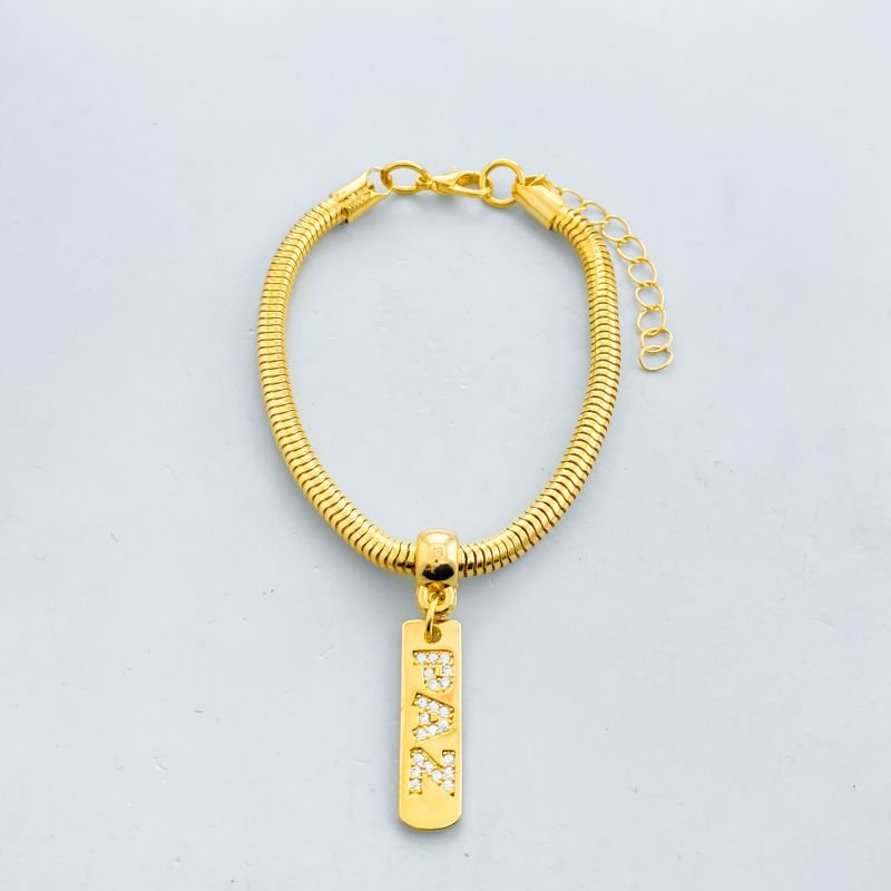 Pulseira Banho Diamante Rabo de Rato Placa Paz Cravejada Grossa