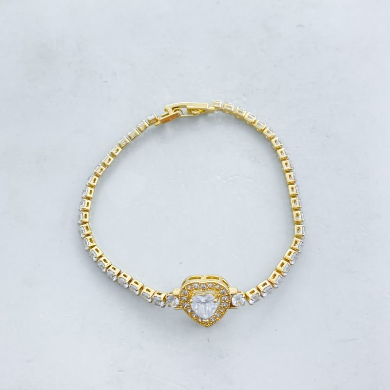 Pulseira Banho Diamante Riviera Meio Pedra Coração Borda Cravejada