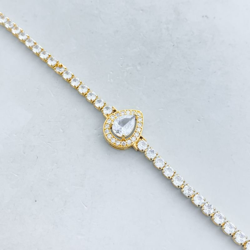 Pulseira Banho Diamante Riviera Meio Pedra Gota Borda Cravejada