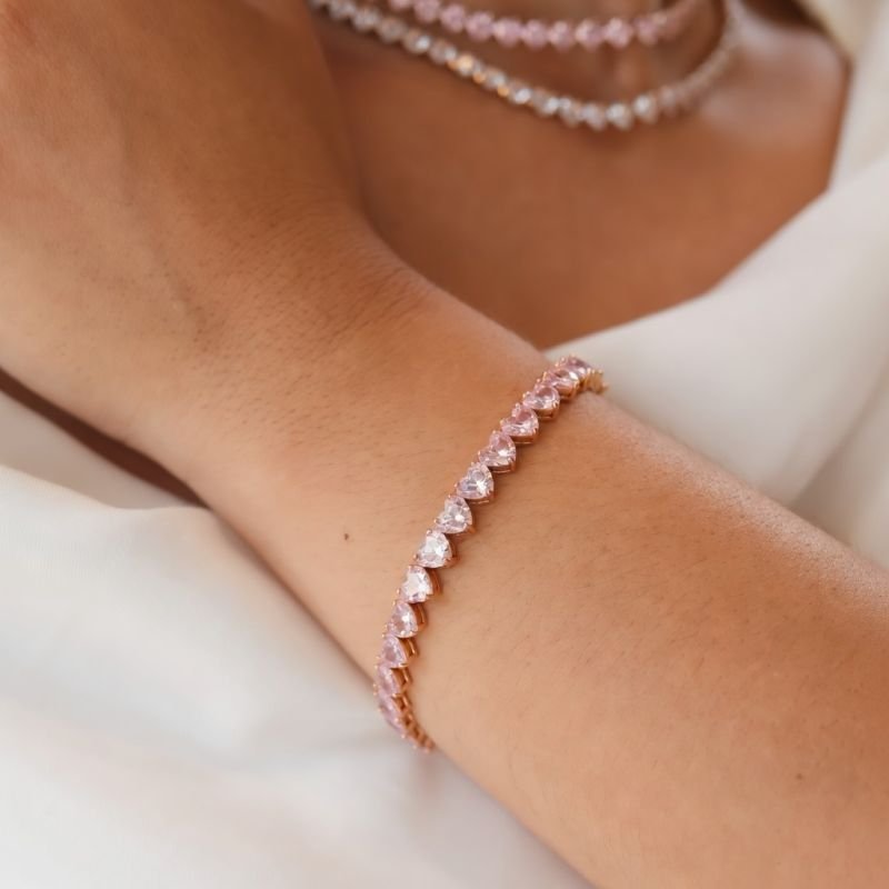 Pulseira Banho Diamante Riviera Pedras Coração