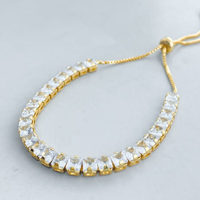 Pulseira Banho Diamante Riviera Pedras Quadradas Ajustável