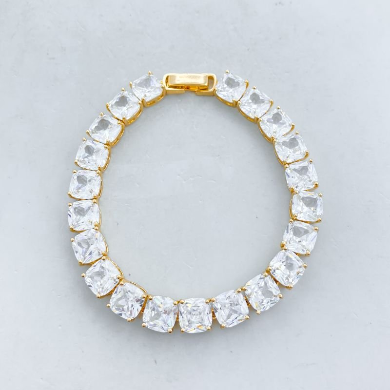 Pulseira Banho Diamante Riviera Pedras Quadradas com 4 Garras