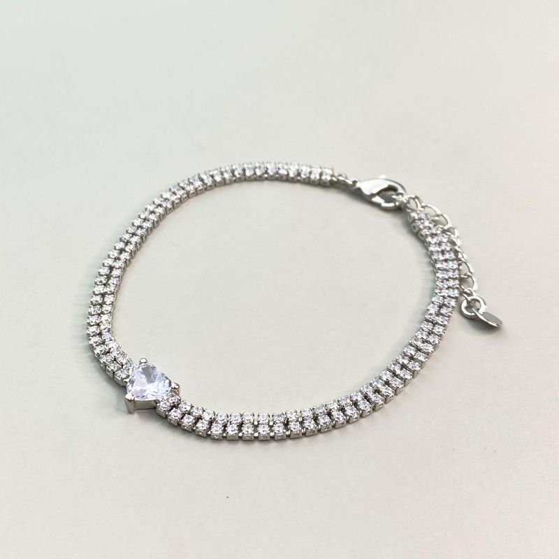 Pulseira Banho Ouro Branco Riviera com 2 Linha Zircônia Pedra Coração Zircônia