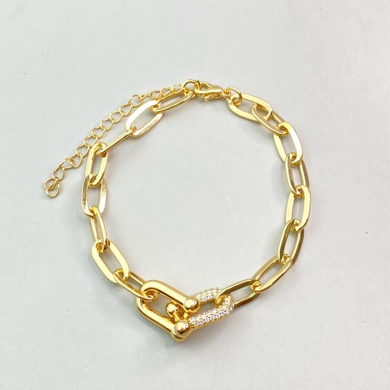 Pulseira Bijuteria Elos Clássicos com 2 Elos U com Bolinhas Cravejado