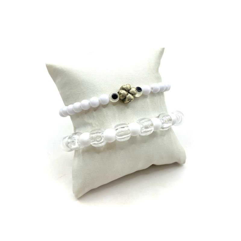 Pulseira Bijuteria Kit 2 Bolas Acrílicas Trevo e 2 Olhos Gregos