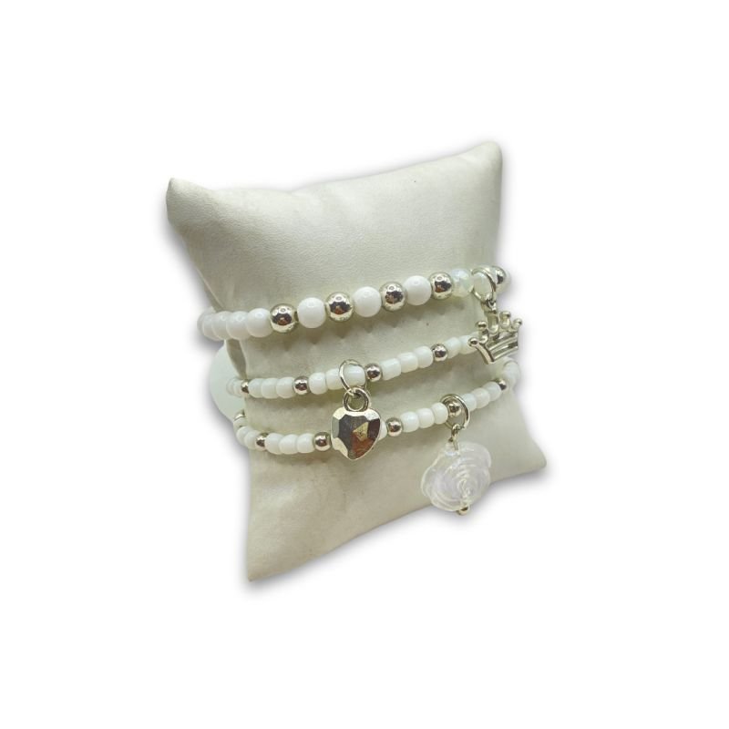 Pulseira Bijuteria Kit 3 Miçangas Bolas Coração Coroa e Flor