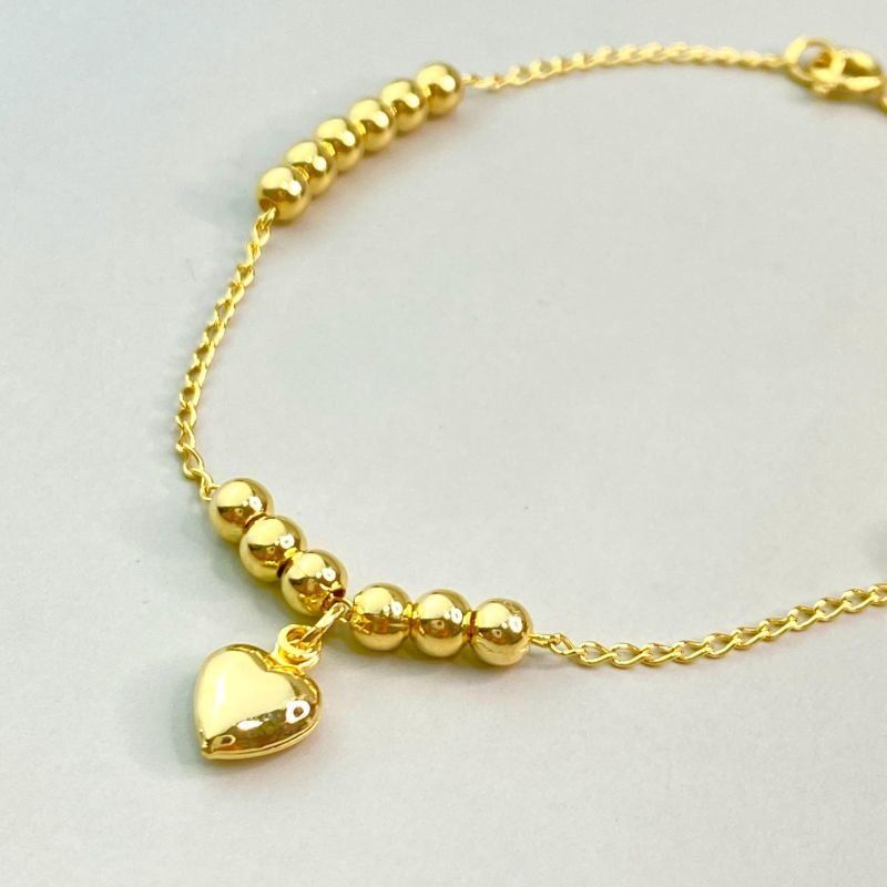 Pulseira Folheado Bolinhas Lisa Coração Liso Delicada