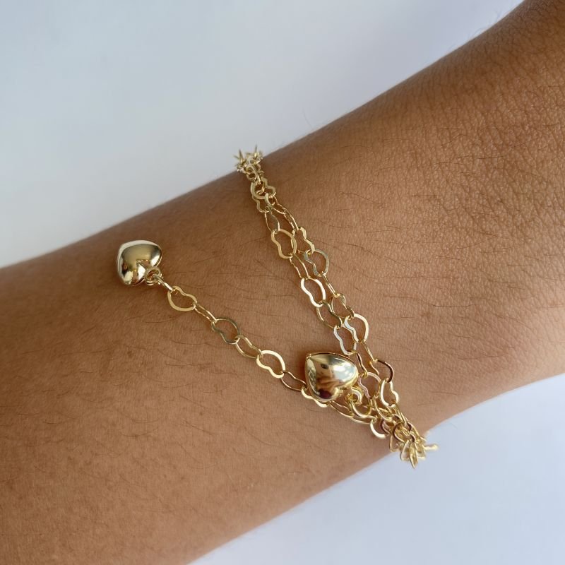 Pulseira folheado dupla elos corações