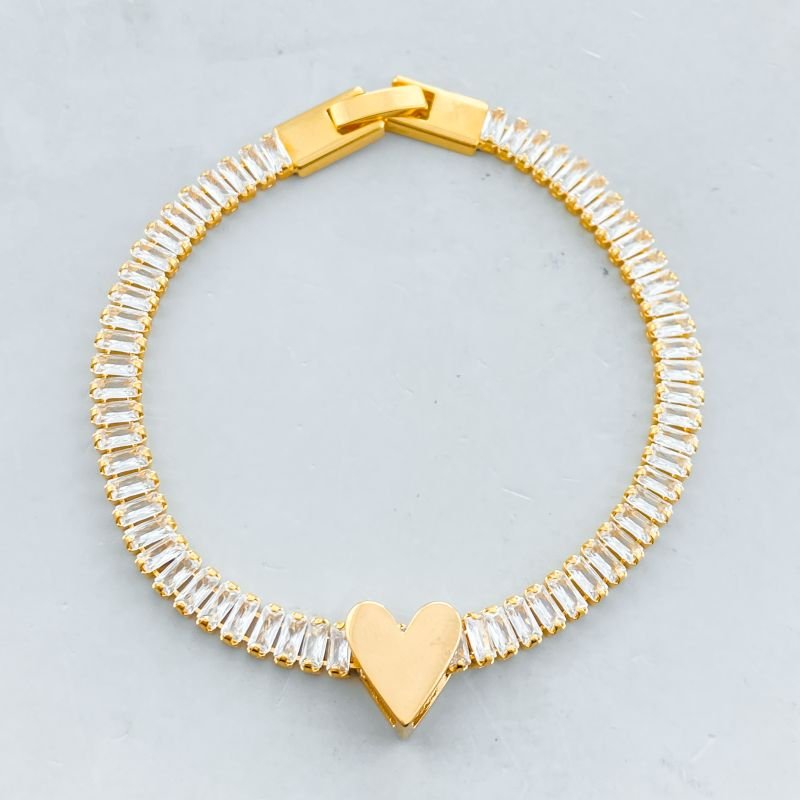 Pulseira Folheado Pedras Baguetes Coração Liso