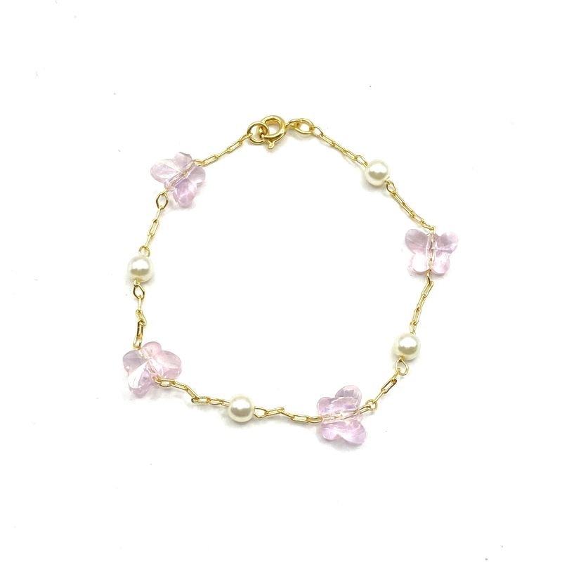 Pulseira Folheado Pérolas e Borboletas Acrílicas