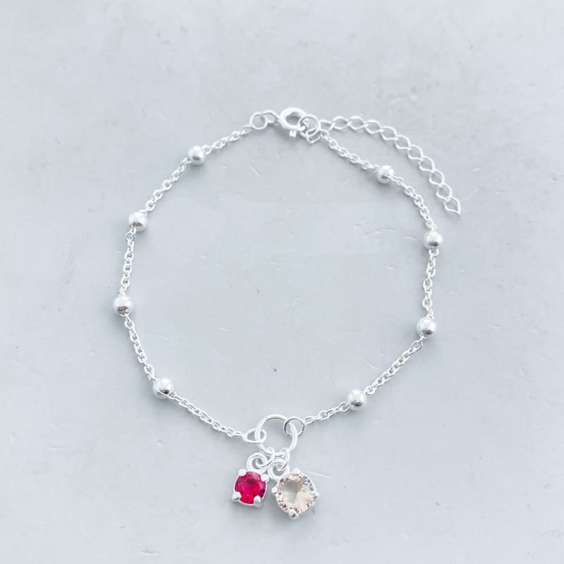 Pulseira Prata Delicada Lisa Bolinhas 2 Pédras