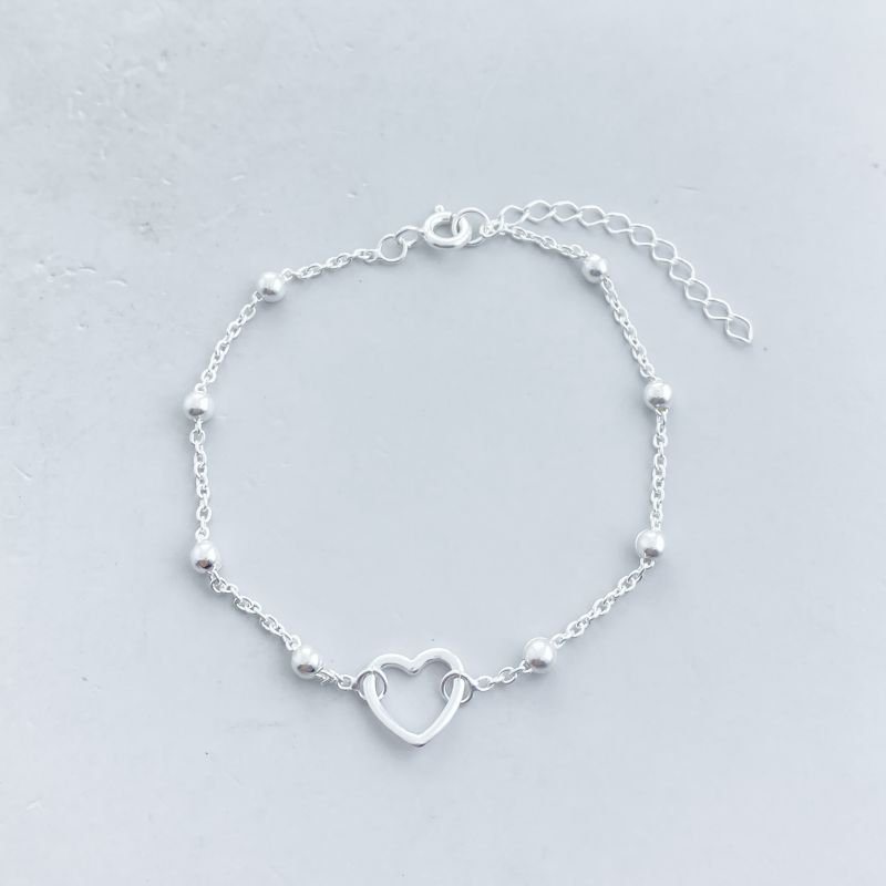 Pulseira Prata Delicada Lisa Bolinhas e Coração Vazado