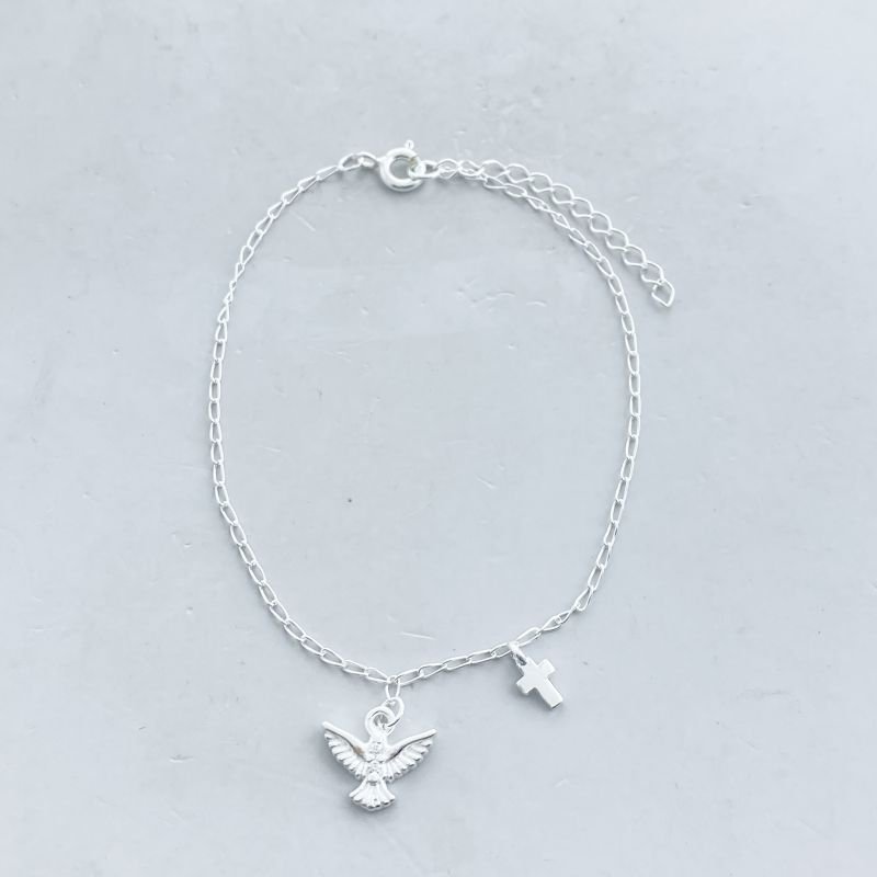 Pulseira Prata Delicada Lisa Pomba e Cruz Elos Clássicos