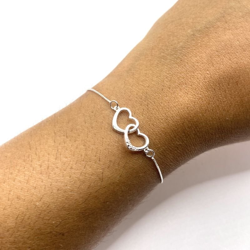 Pulseira Prata925 2 Corações Grudados Liso e Cravejado