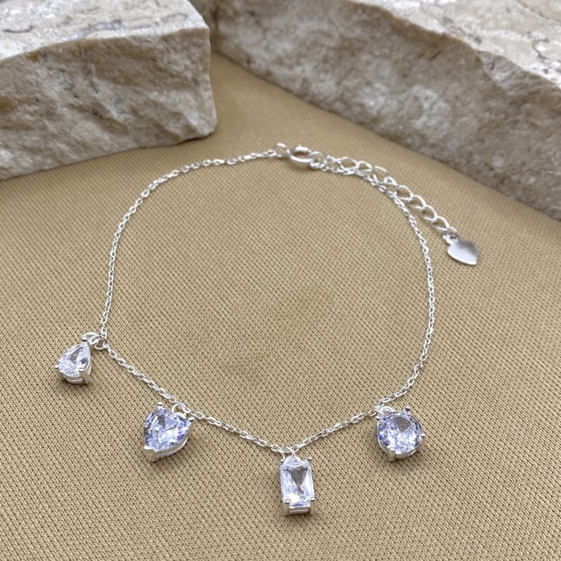 Pulseira Prata925 com 4 Pedras Gota Coração Baguete Redonda
