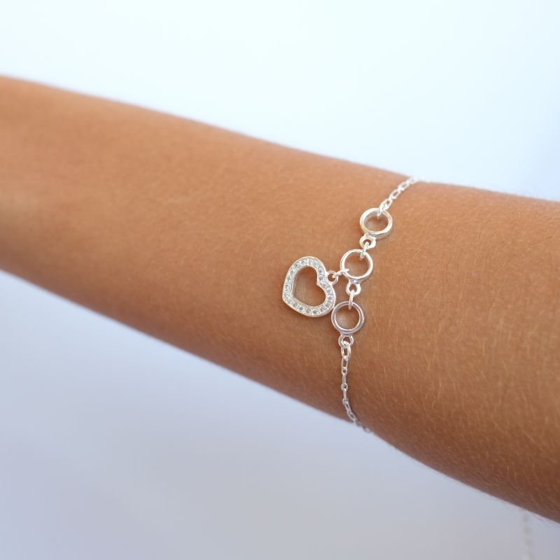 Pulseira prata925 coração cravejado 3 círculos