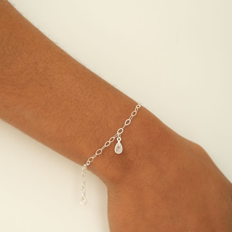 Pulseira prata925 gota zirconia elos ovais