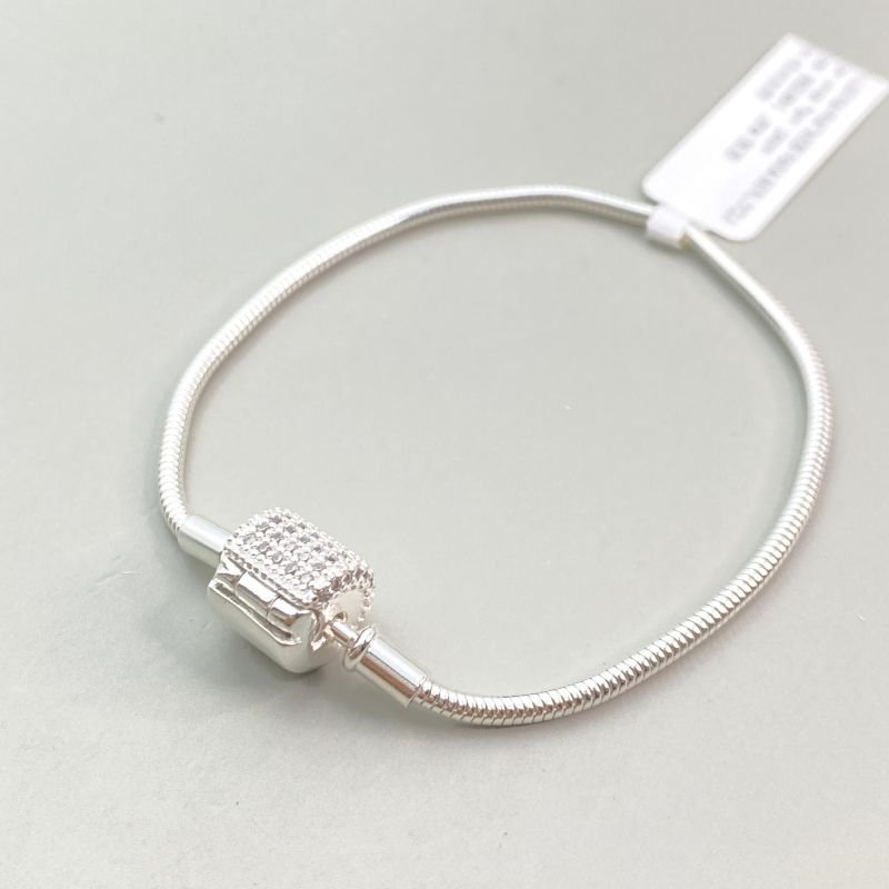 Pulseira Prata925 Para Berloque Fecho Cravejado Zircônia 18,5cm Espessura Fina