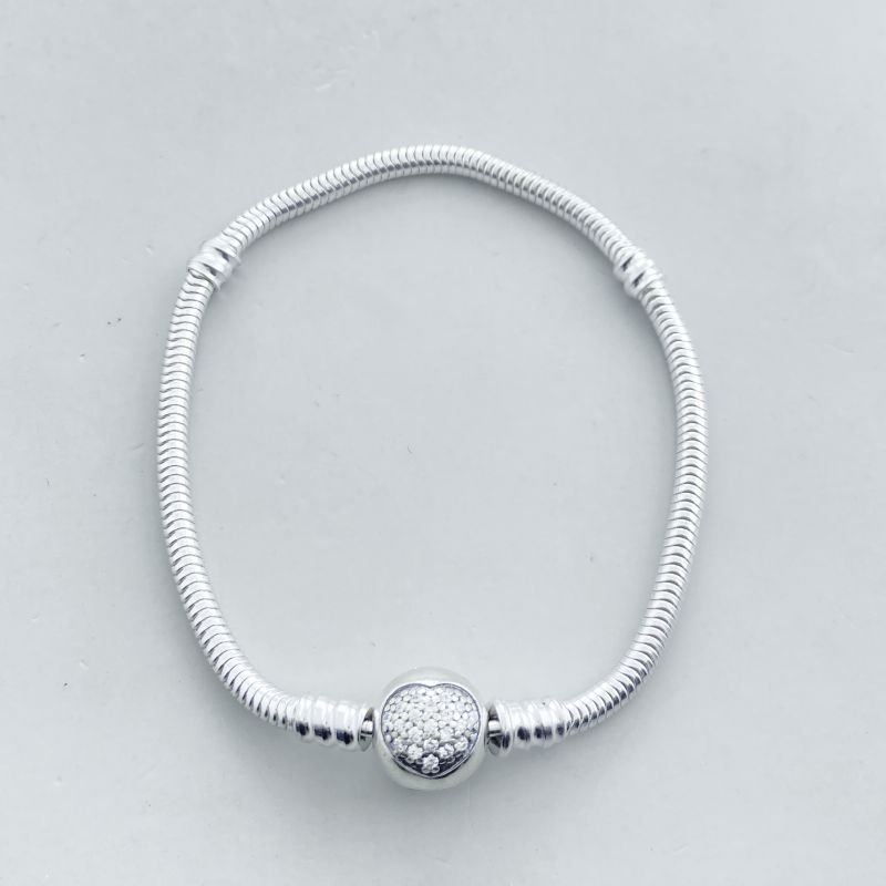 Pulseira Prata925 para Berloque Fecho Redondo Coração Cravejado