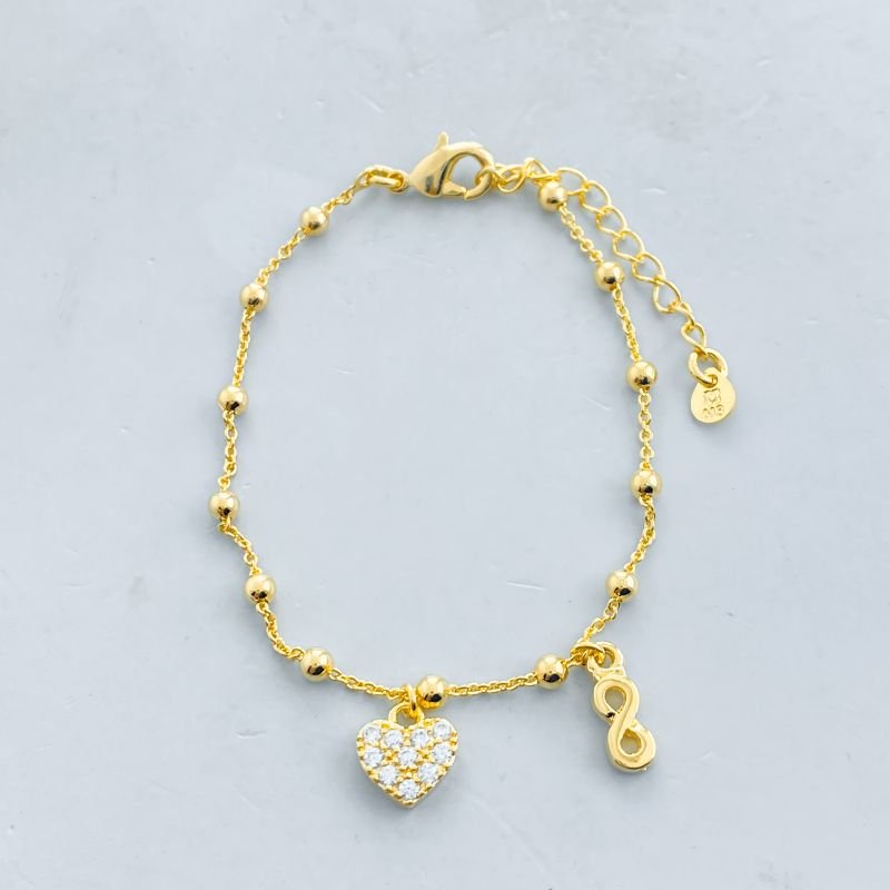 Pulseira Semijoia Delicada Bolinhas Coração Cravejado e Infinito