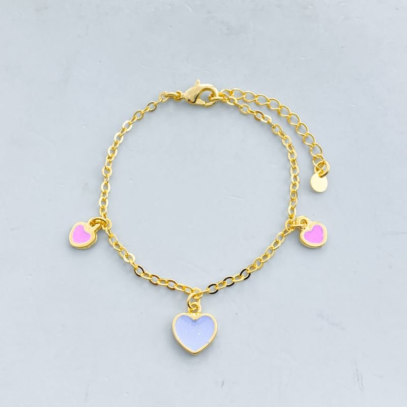 Pulseira Semijoia Delicada com 3 Corações Resinados com Glitter