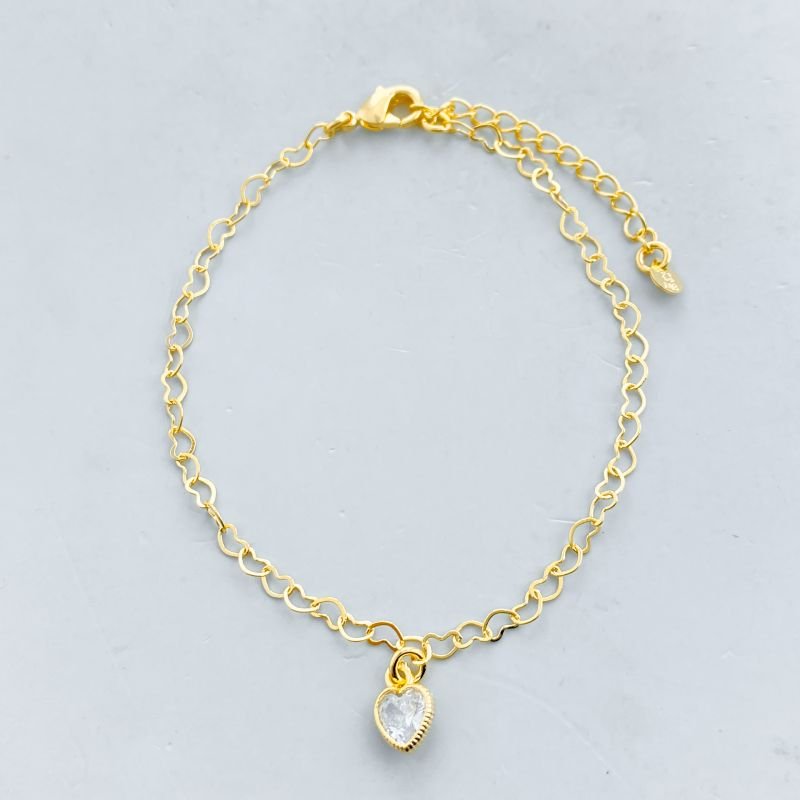 Pulseira Semijoia Delicada Elos Corações com 1 Pedra Coração