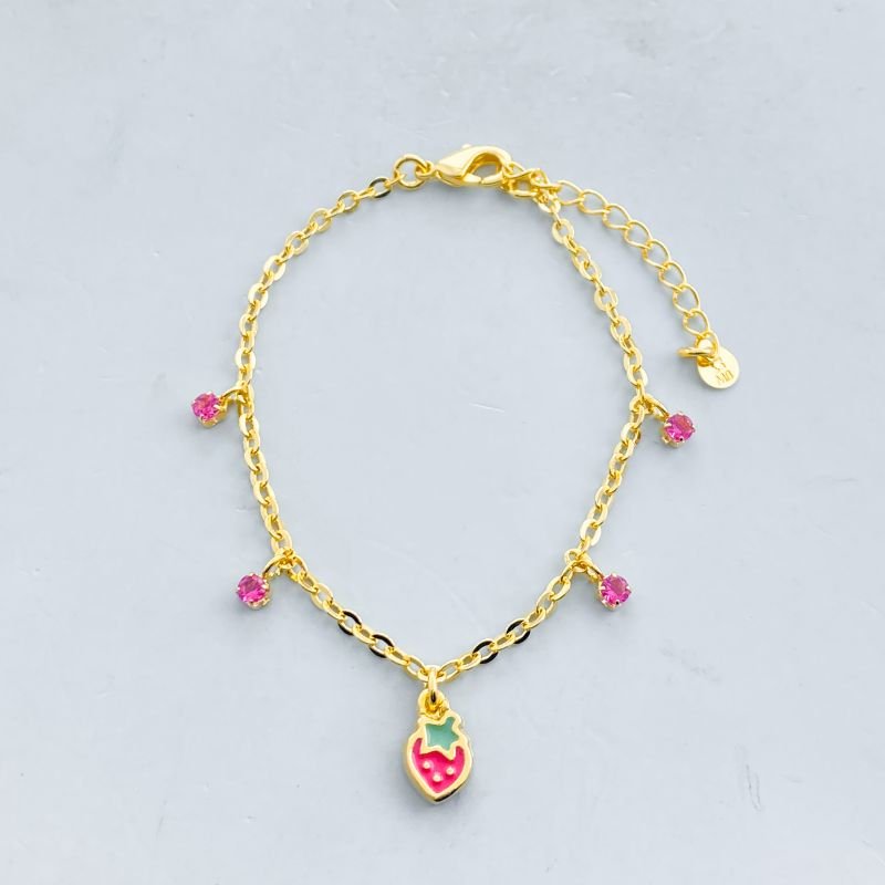 Pulseira Semijoia Delicada Morango Resinado com 4 Pedrinhas