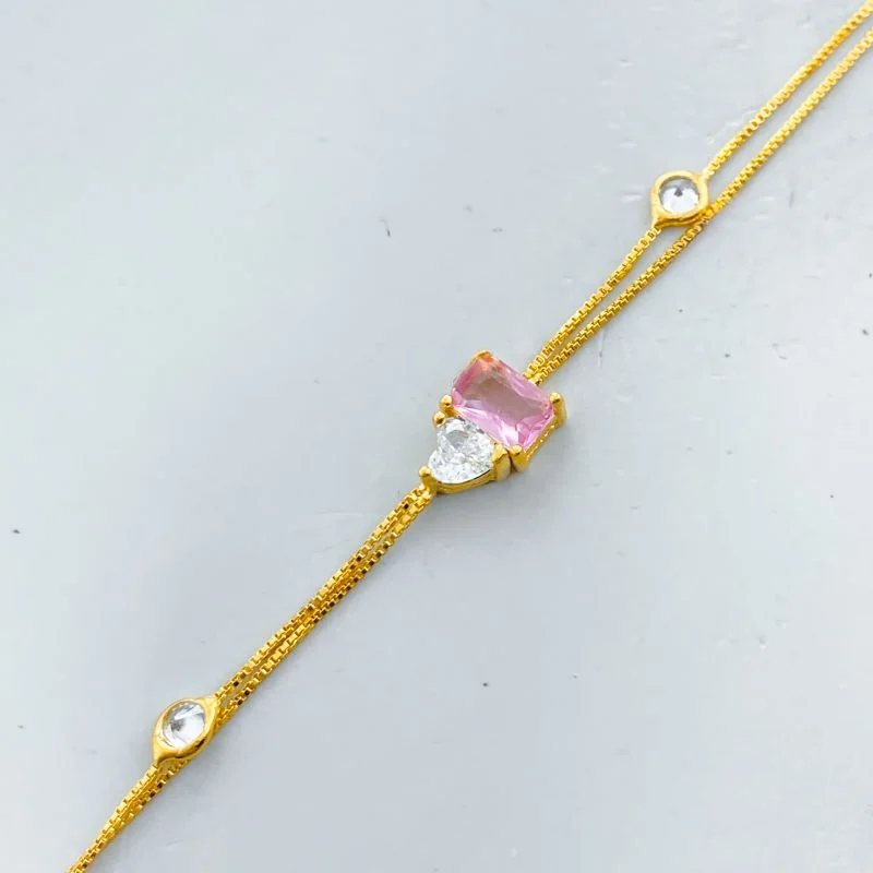 Pulseira Semijoia Dupla Pedra Quadra e Coração 2 Zirconias na Corrente