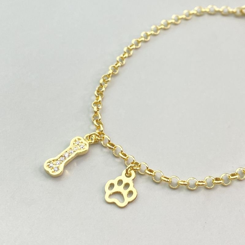 Pulseira Semijoia Elo Português Osso Cravejado Patinha Vazada