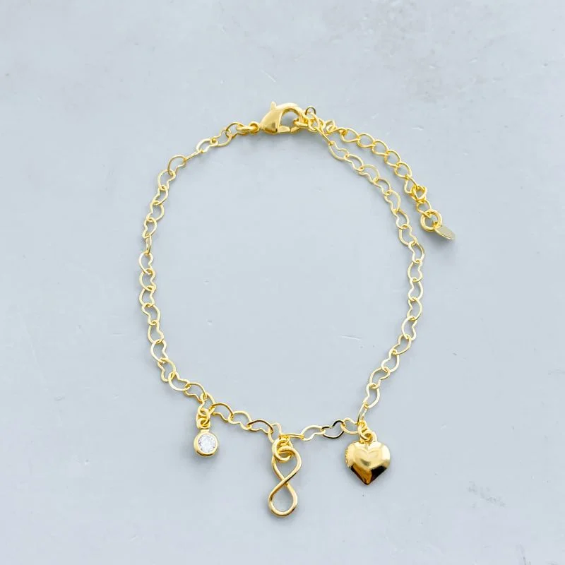Pulseira Semijoia Elos Coração Vazado Pedra Infinito Coração