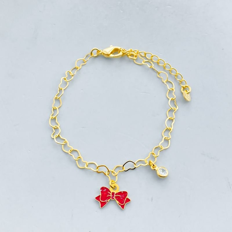 Pulseira Semijoia Elos Corações Laço Resinado com Glitter e com 1 Pedra